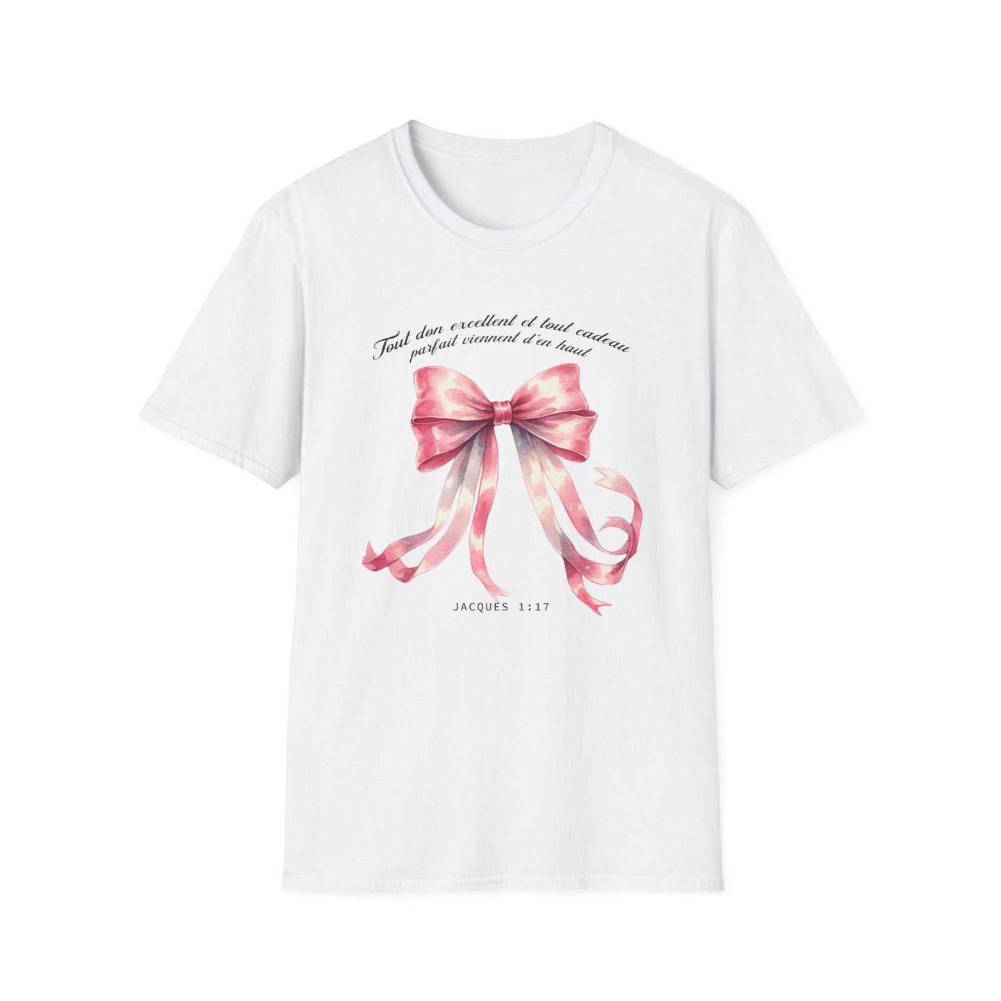 T-shirt blanc pour femme orné d'un nœud rose aquarelle et du verset biblique Jacques 1:17.