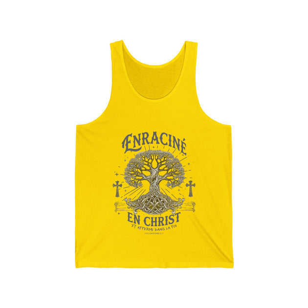 Débardeur jaune pour homme avec une illustration d'arbre et le texte Enraciné en Christ.