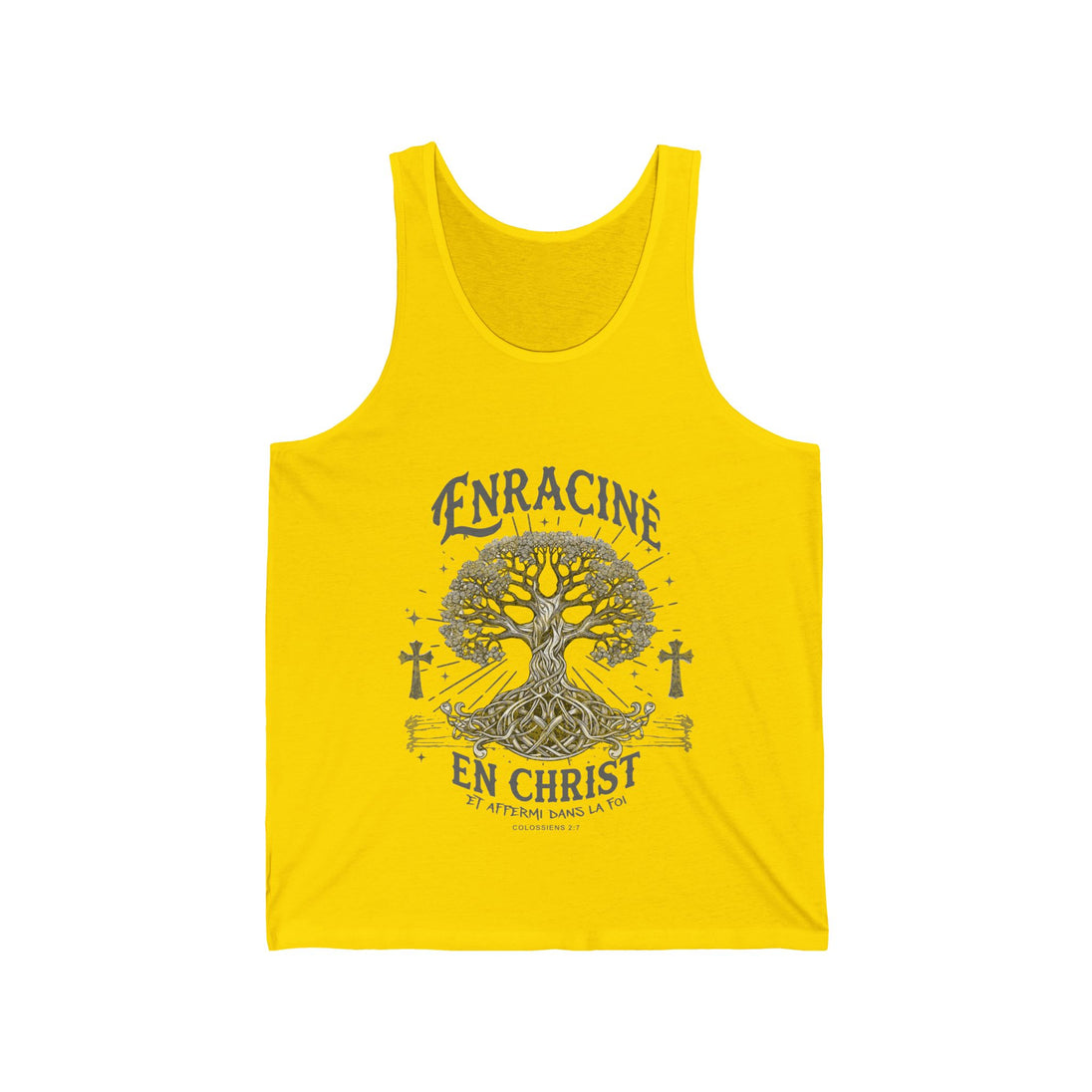 Débardeur jaune pour femme avec un motif d'arbre et le texte Enraciné en Christ.