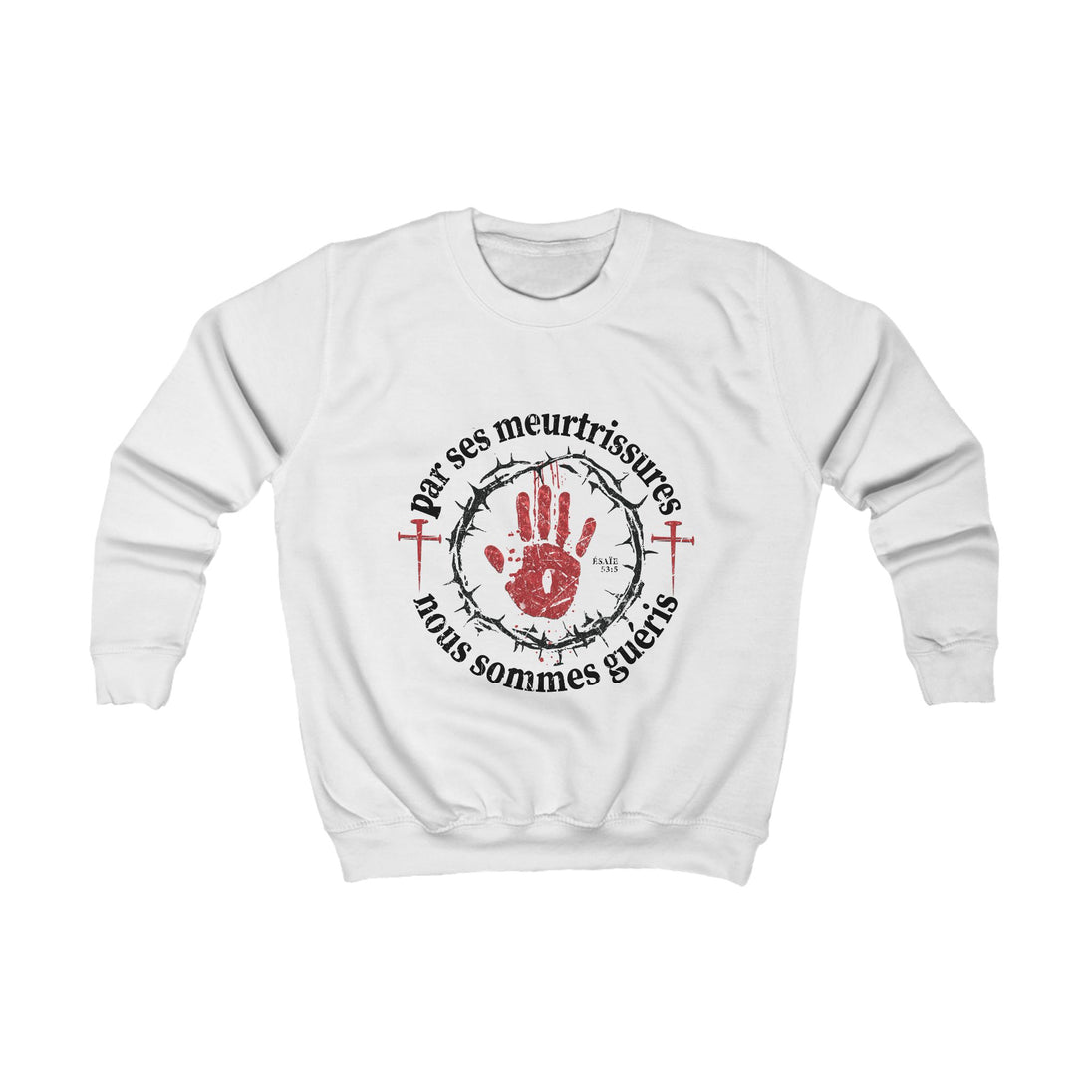 Sweat-shirt blanc pour enfant avec une illustration religieuse et le texte en français.