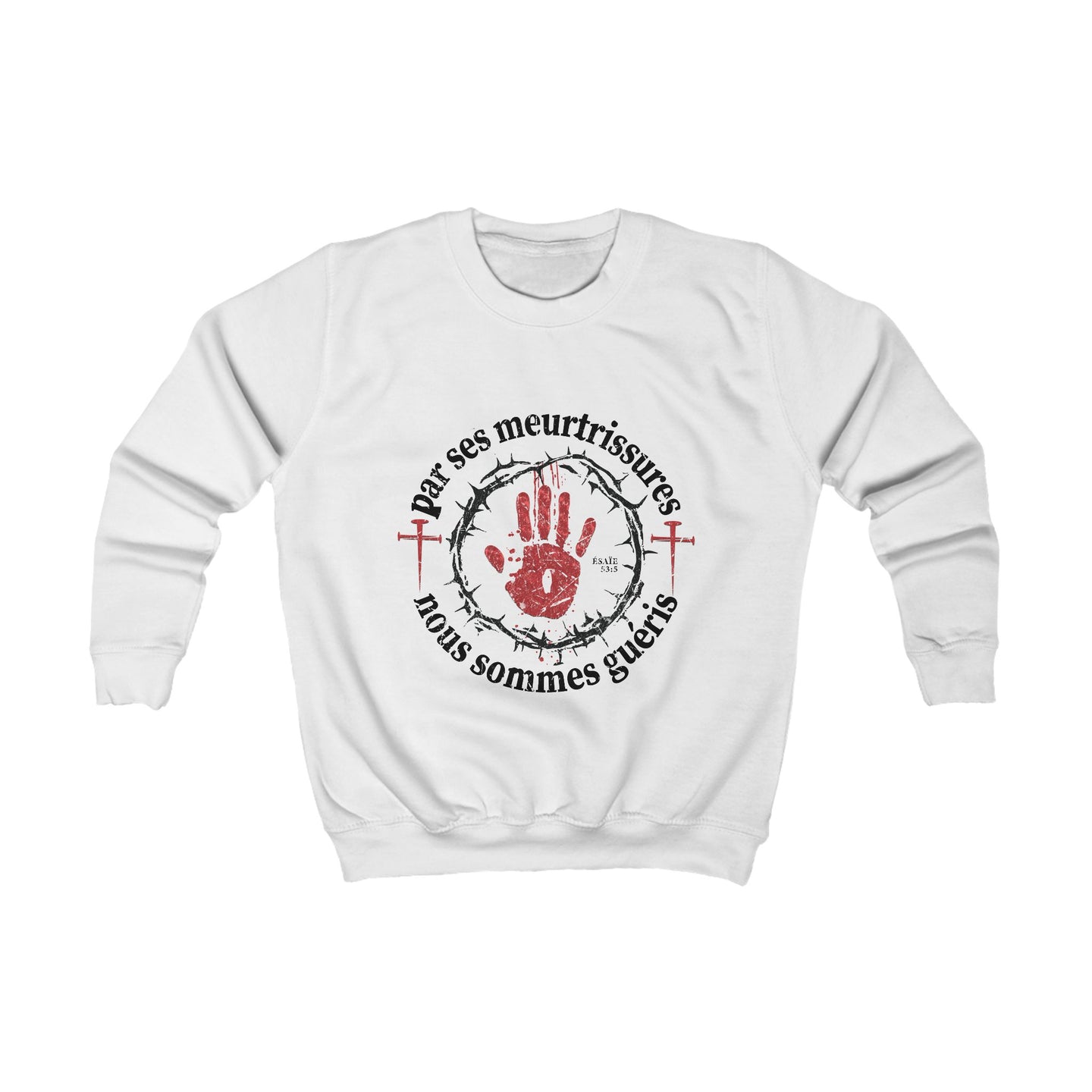 Sweat-shirt blanc pour enfant avec une illustration religieuse et le texte en français.