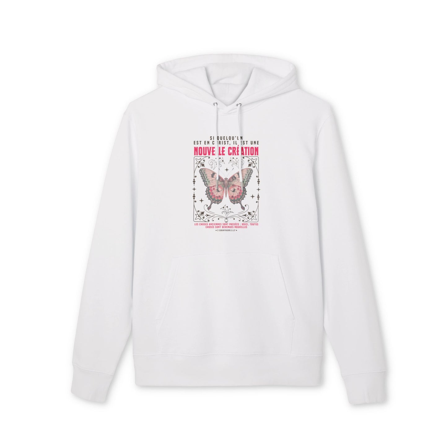 Sweat à capuche blanc pour homme avec un motif de papillon et un texte religieux sur la poitrine.