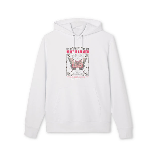 Sweat à capuche blanc pour homme avec un motif de papillon et un texte religieux sur la poitrine.