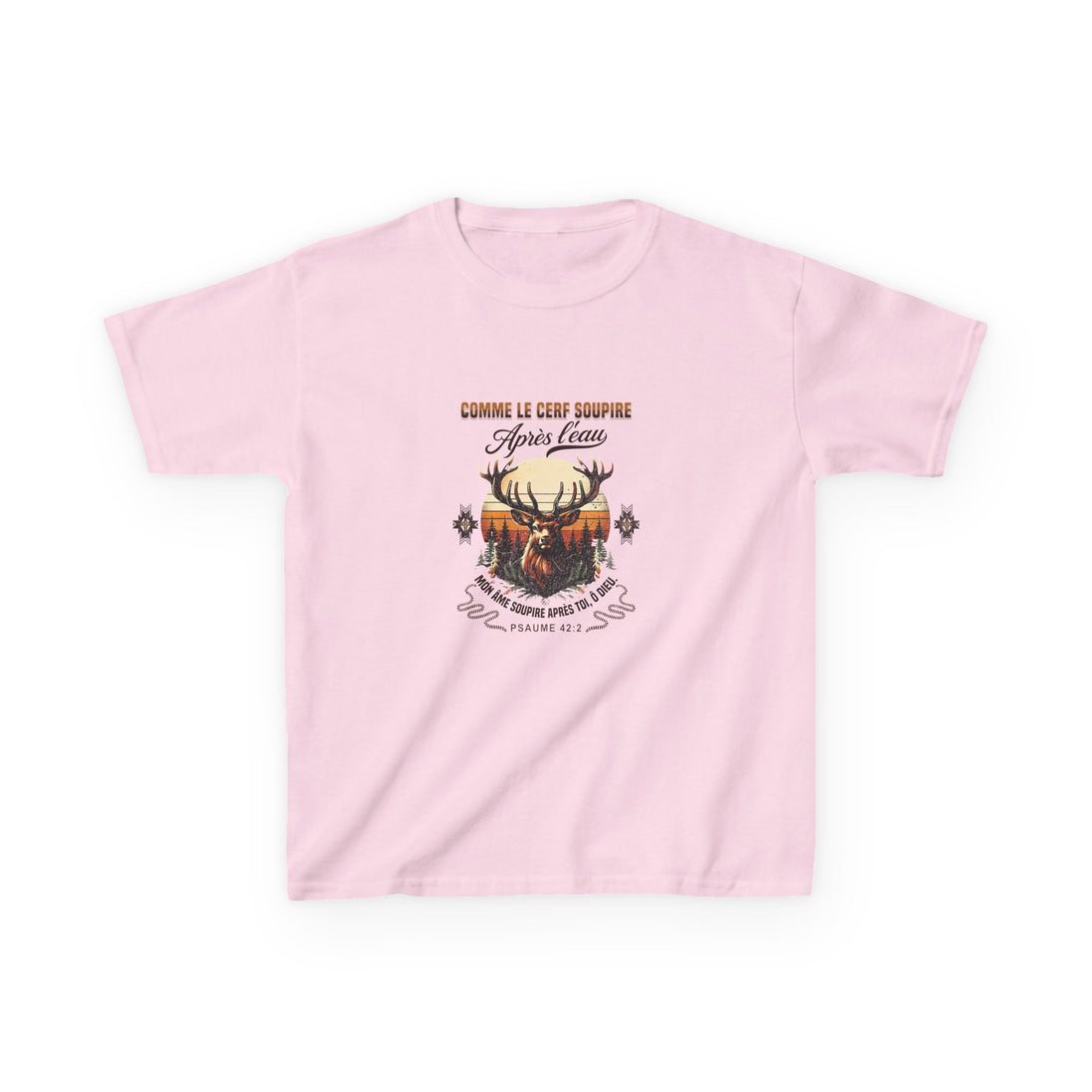 T-shirt rose pour enfant avec une illustration de cerf et le texte biblique du Psaume 42.