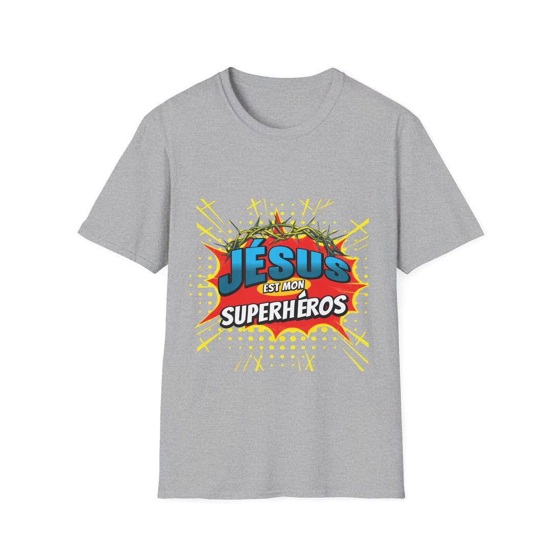 T-shirt gris pour homme avec un motif style bande dessinée Jésus est mon superhéros.