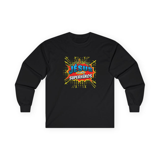 T-shirt noir à manches longues avec un motif style comics Jésus est mon superhéros.