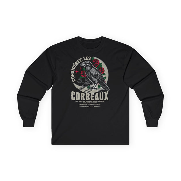 T-shirt noir à manches longues pour femme avec un motif de corbeau, de roses et un texte biblique.