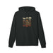 Sweat-shirt à capuche noir avec une illustration de paysage et un texte religieux en français.