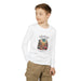 T-shirt blanc manches longues enfant avec illustration désert et verset Colossiens 1:16-17.