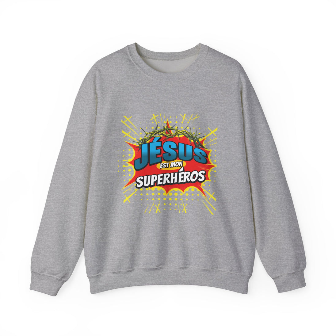 Sweat-shirt gris à col rond avec un motif style bande dessinée Jésus est mon superhéros.