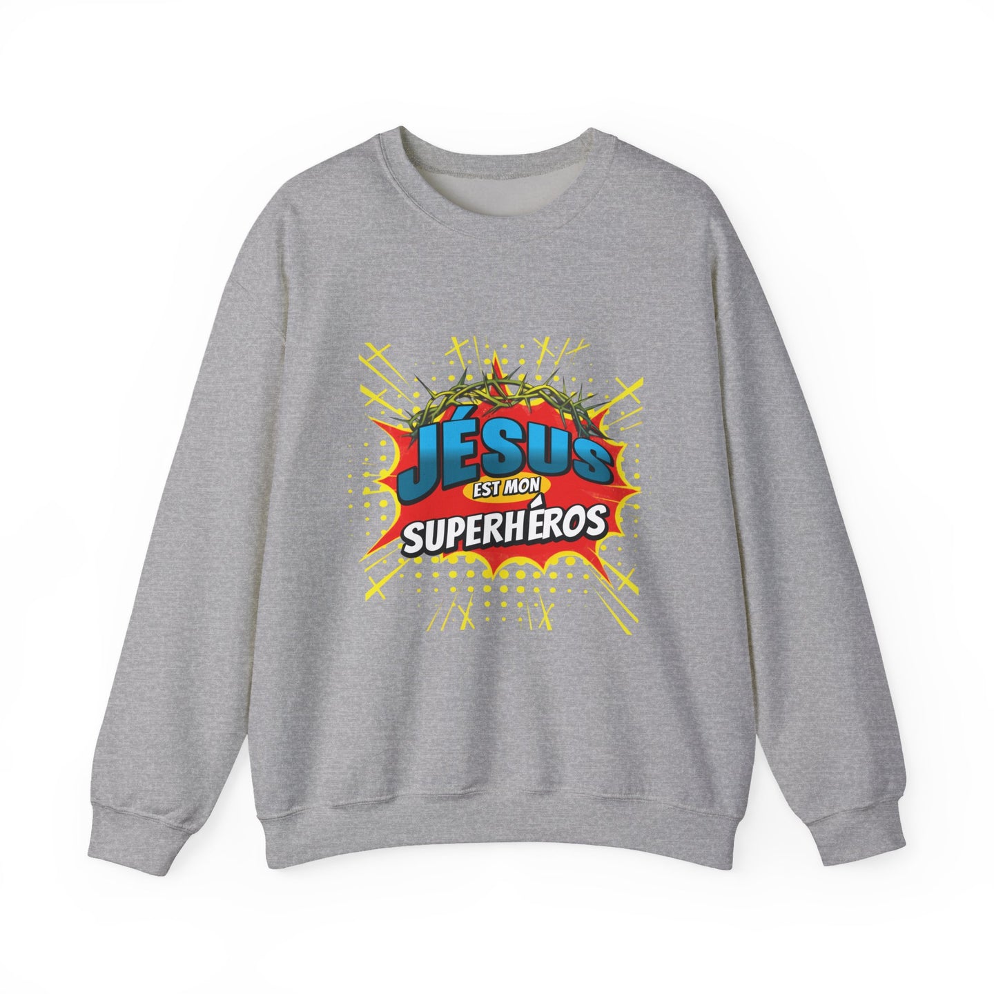 Sweat-shirt gris à col rond avec un motif style bande dessinée Jésus est mon superhéros.