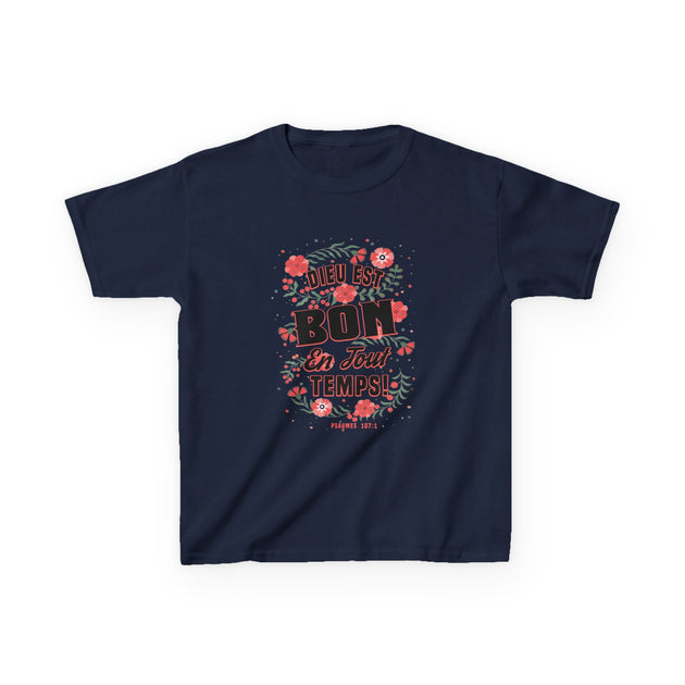 T-shirt bleu marine pour enfant avec un motif floral et le texte Dieu est bon en tout temps.