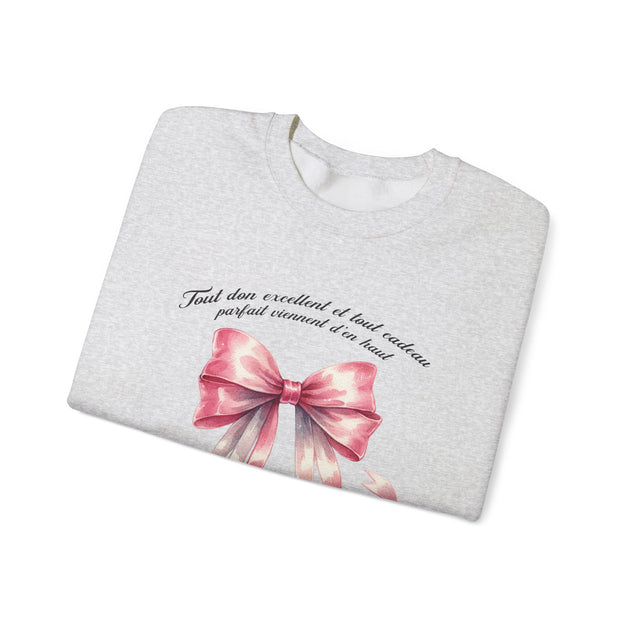 Sweat-shirt gris chiné avec un ruban rose aquarelle et l'inscription Tout don excellent.