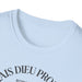 T-shirt blanc pour femme avec une inscription noire sur le col.
