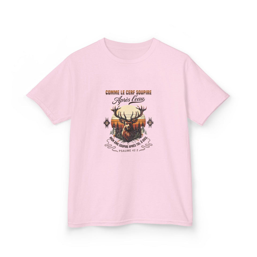 T-shirt rose pour enfant avec une illustration de cerf et le texte biblique du Psaume 42.