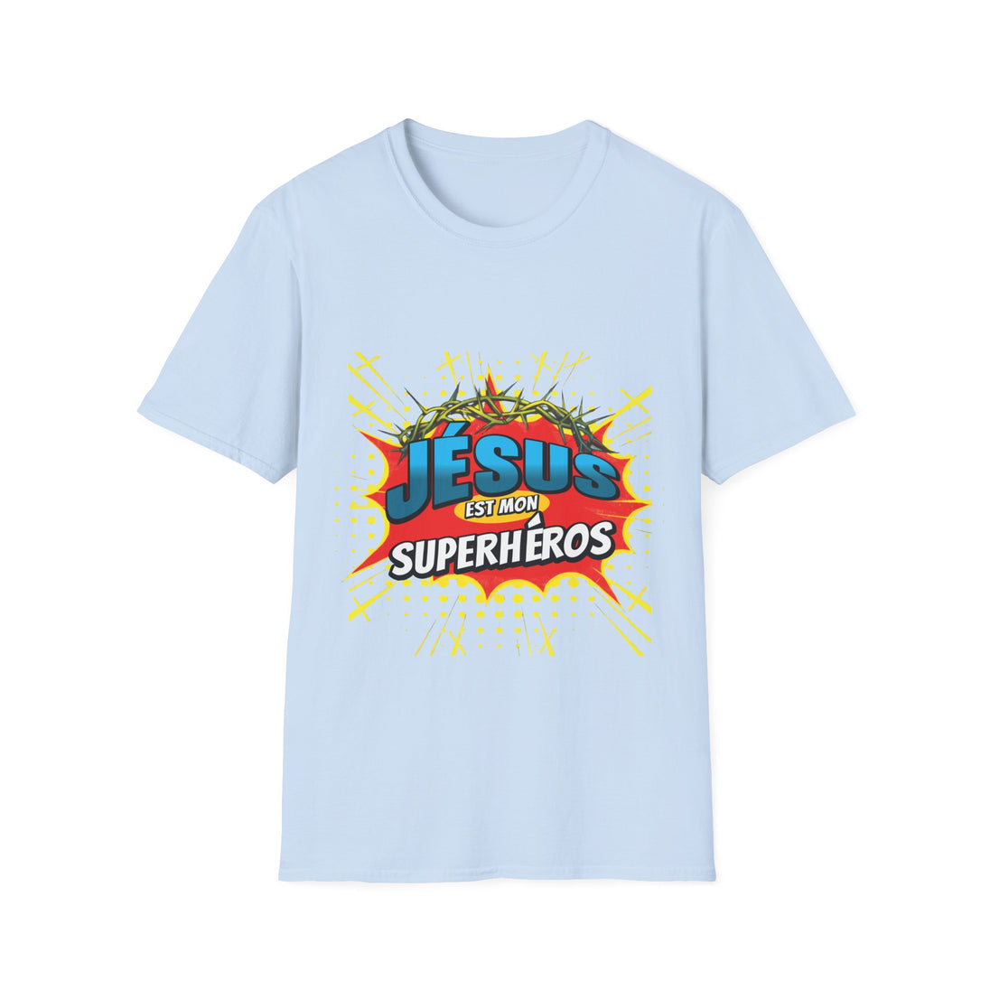 T-shirt bleu clair pour homme avec un motif style bande dessinée Jésus est mon superhéros.