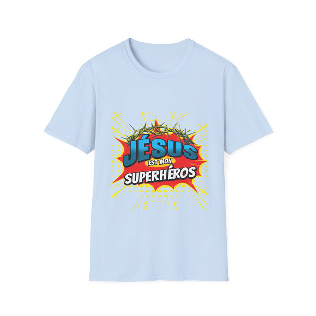 T-shirt bleu clair pour homme avec un motif style bande dessinée Jésus est mon superhéros.