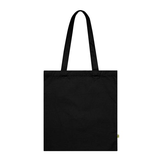 Tote bag noir en coton biologique robuste avec de longues anses renforcées.