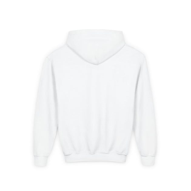 Vue arrière d'un sweat à capuche blanc pour enfant avec une coupe classique.