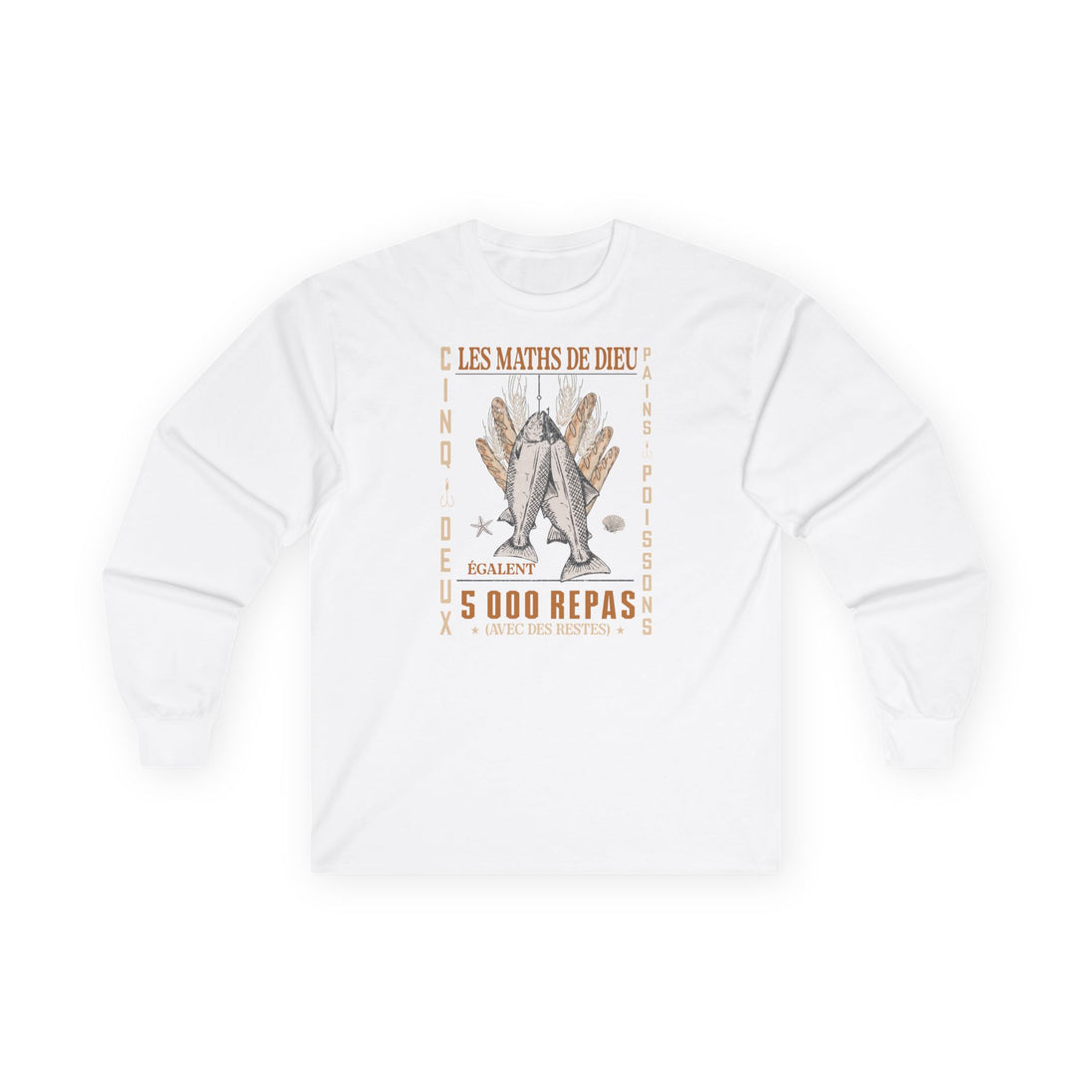 T-shirt blanc à manches longues pour homme avec une illustration religieuse et du texte en français.