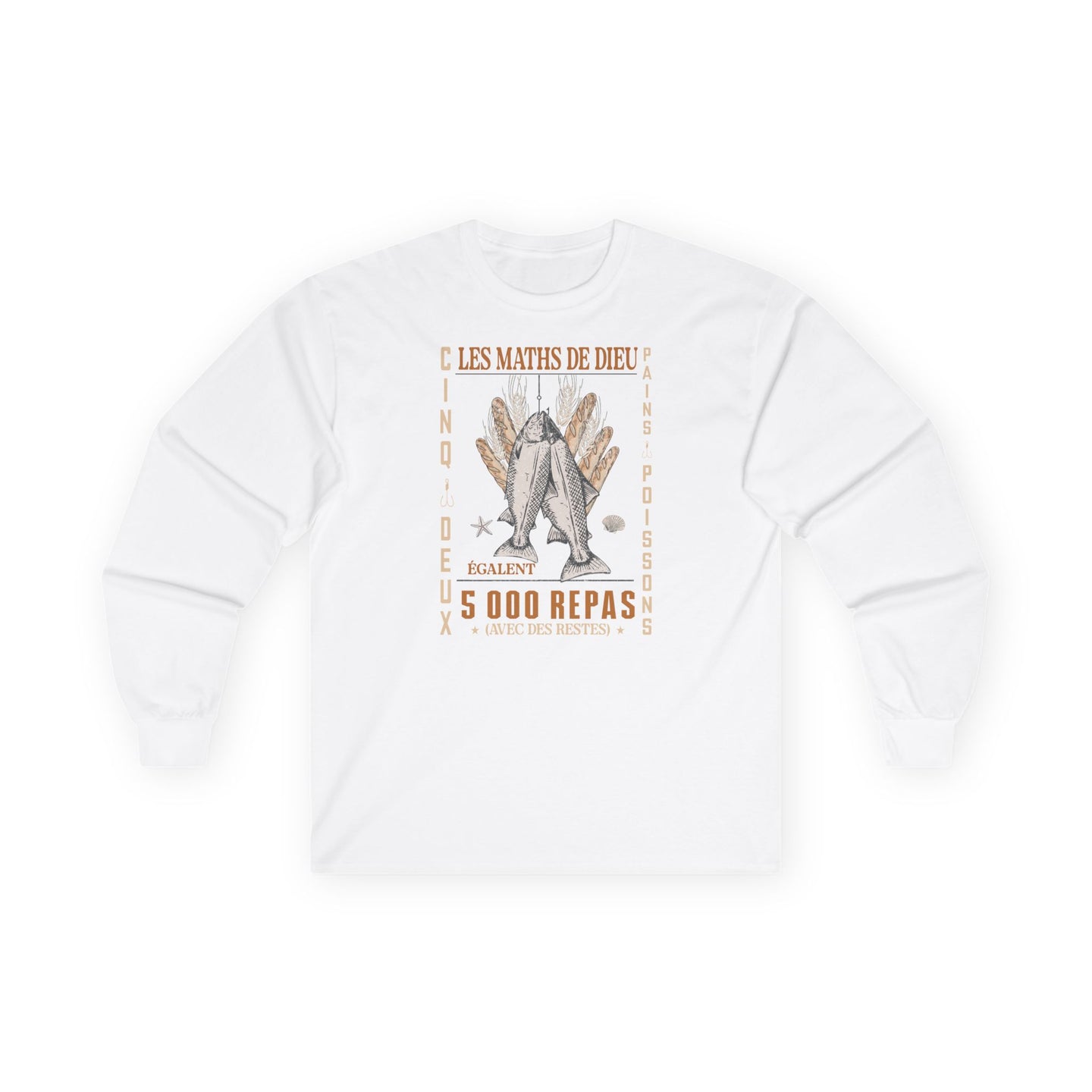 T-shirt blanc à manches longues pour homme avec une illustration religieuse et du texte en français.