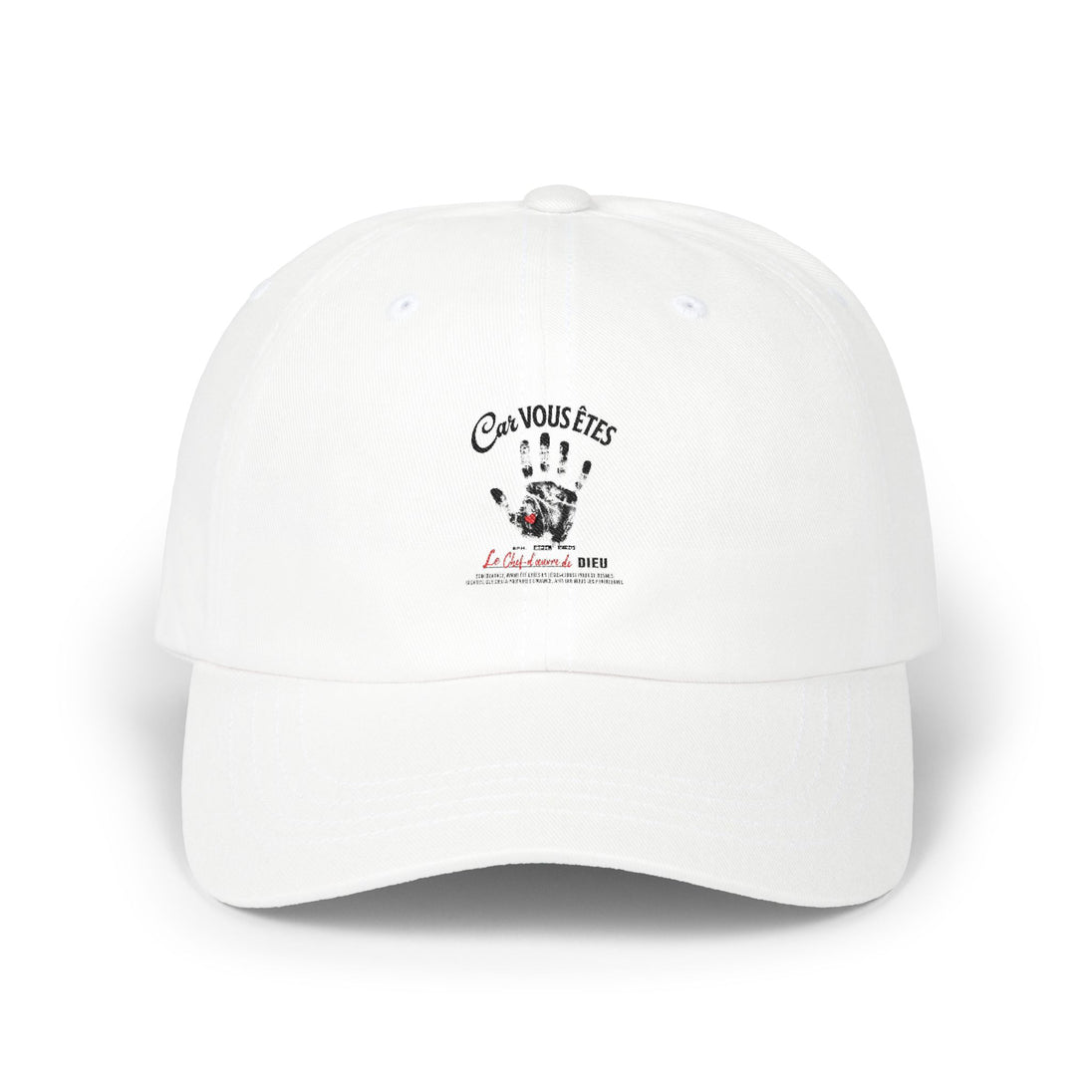 Casquette blanche en coton avec une impression noire représentant une empreinte de main.