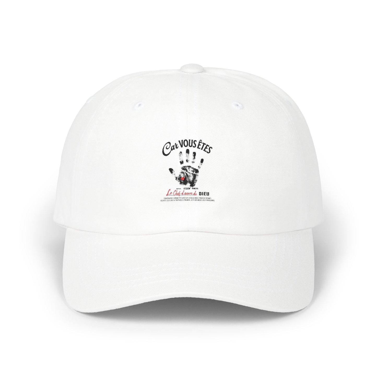 Casquette blanche en coton avec une impression noire représentant une empreinte de main.