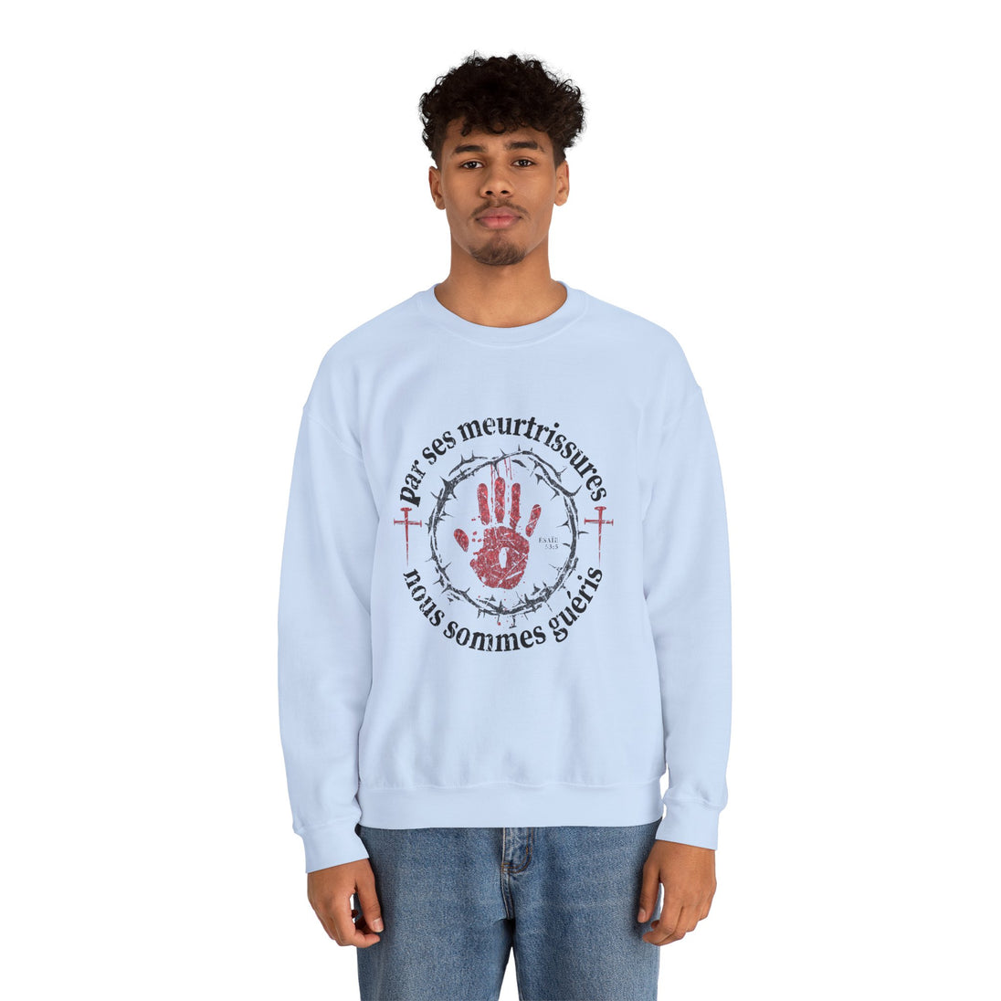 Sweatshirt blanc pour homme avec graphique chrétien "Par ses meurtrissures nous sommes guéris".
