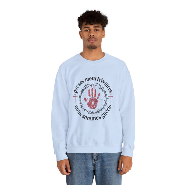 Sweatshirt blanc pour homme avec graphique chrétien "Par ses meurtrissures nous sommes guéris".
