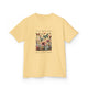 T-shirt jaune pâle pour enfant avec une illustration de fleurs et papillons et un texte inspirant.
