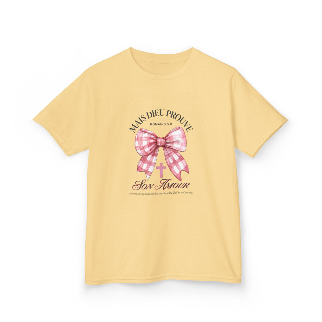 T-shirt jaune pâle pour enfant avec un motif de nœud vichy rose et une croix chrétienne.