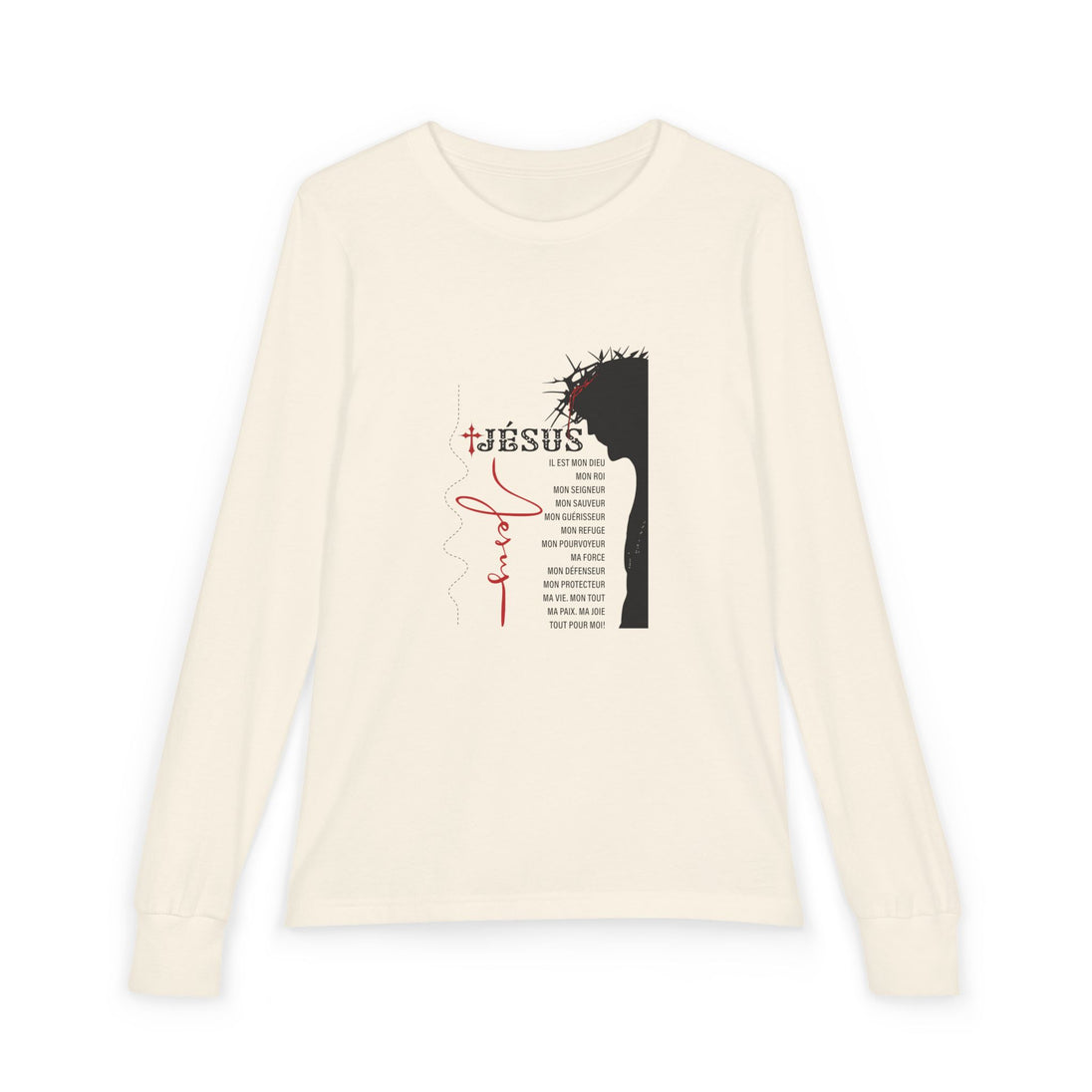T-shirt à manches longues beige pour enfant avec une illustration de Jésus et des inscriptions.