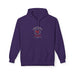 Sweat à capuche violet pour homme avec un motif religieux centré sur la poitrine.