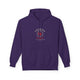 Sweat à capuche violet pour homme avec un motif religieux centré sur la poitrine.