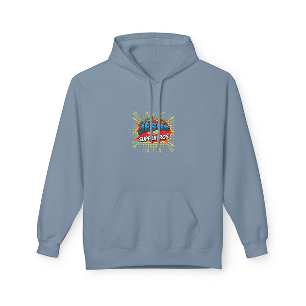 Sweat à capuche bleu avec un motif graphique centré représentant Jésus comme un superhéros.