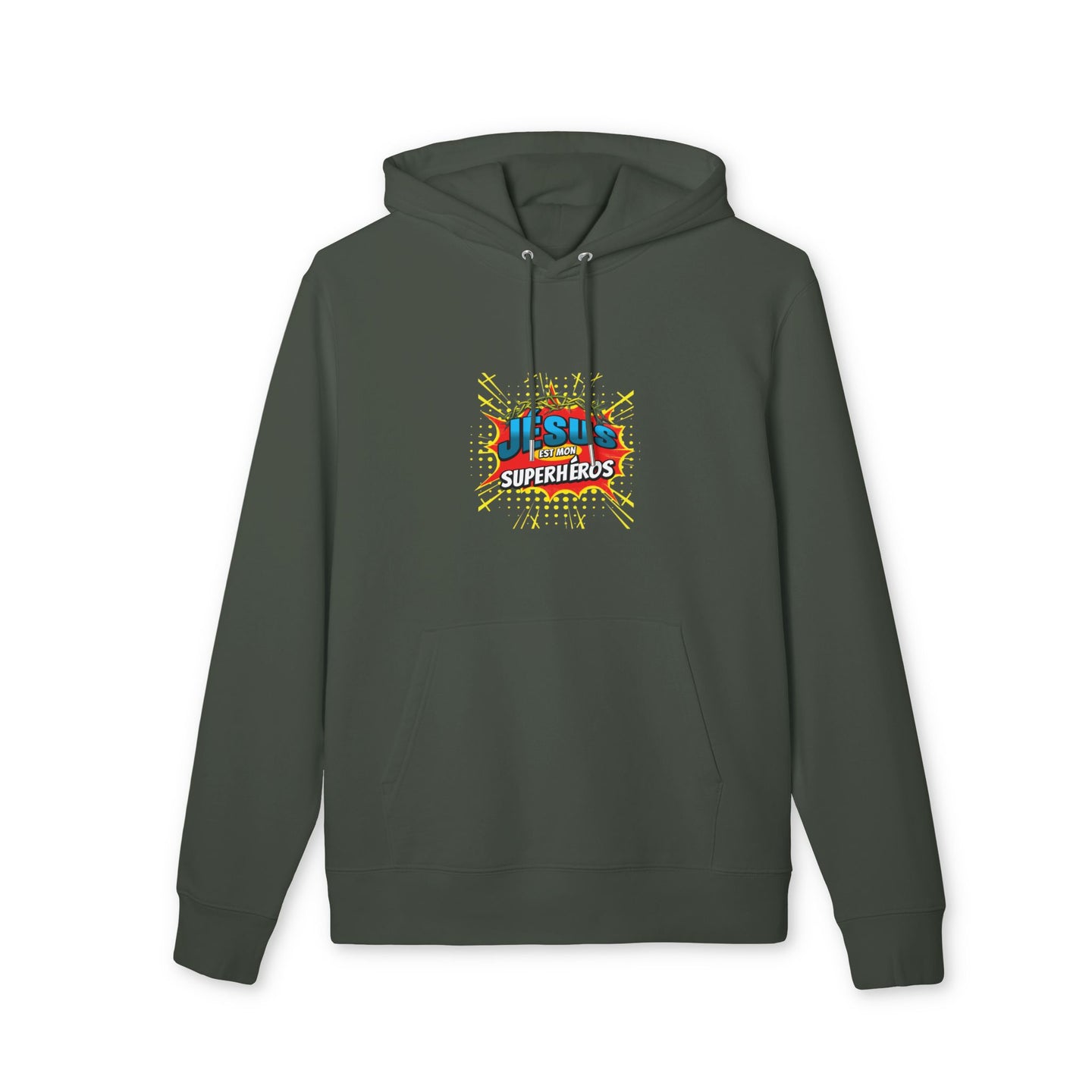 Sweat à capuche gris foncé avec le motif Jésus est mon superhéros sur la poitrine.