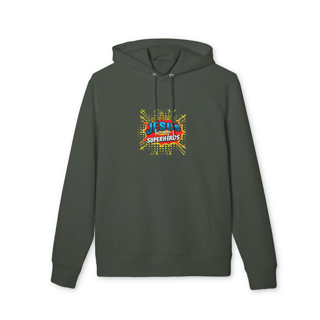 Sweat à capuche gris foncé avec le motif Jésus est mon superhéros sur la poitrine.