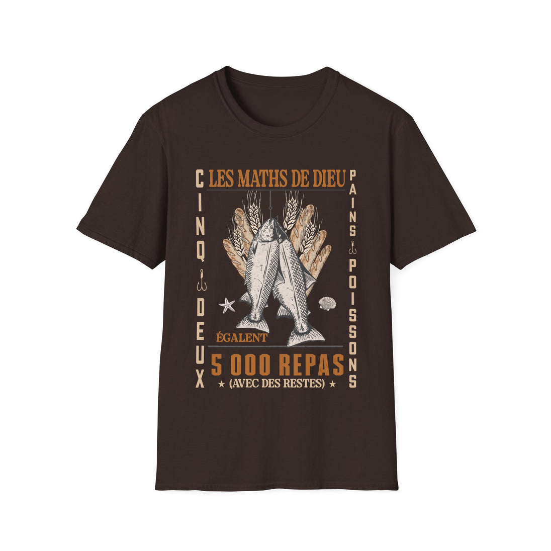 T-shirt marron pour homme avec une illustration chrétienne sur le thème de la multiplication.