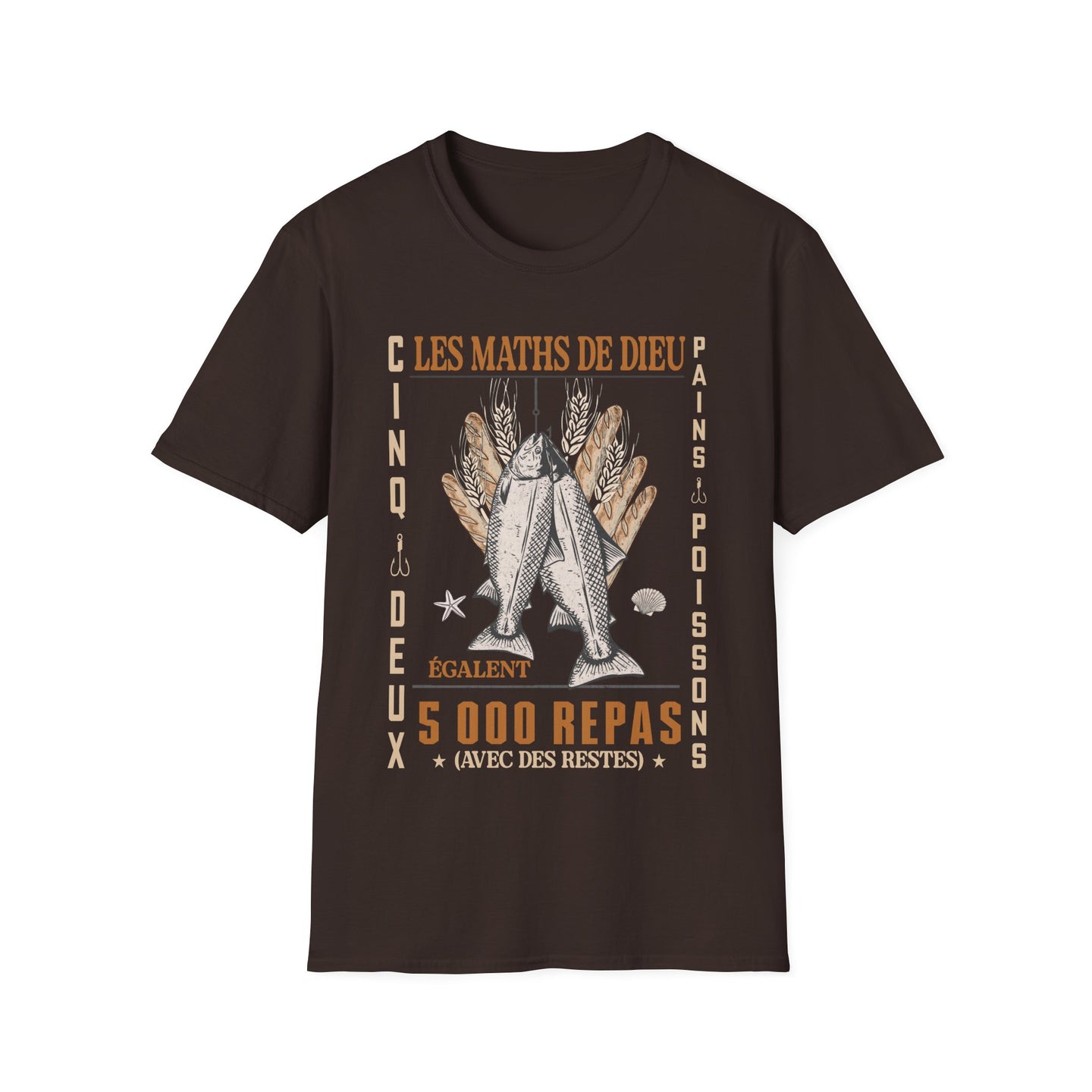 T-shirt marron pour homme avec une illustration chrétienne sur le thème de la multiplication.