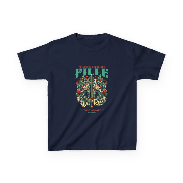 T-shirt bleu marine pour enfant avec une illustration de chevalier et le texte Fille du Roi.
