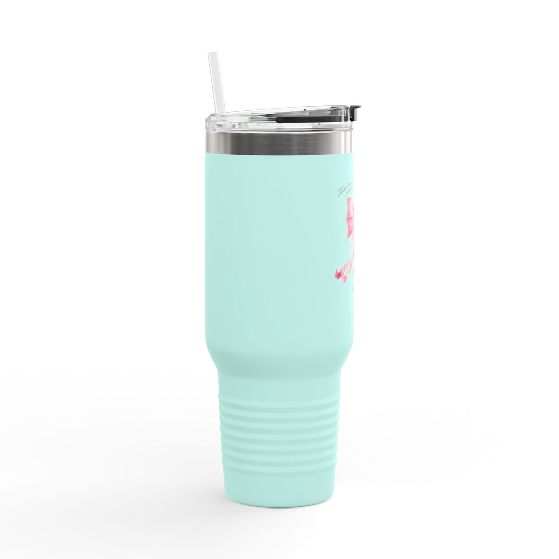 Gobelet isotherme bleu clair de 40oz avec paille et motif de nœud rose à l'aquarelle.
