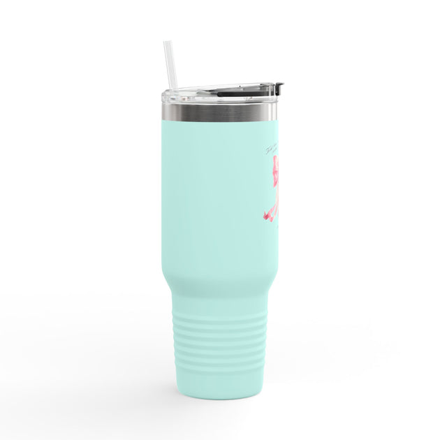 Gobelet isotherme bleu clair de 40oz avec paille et motif de nœud rose à l'aquarelle.