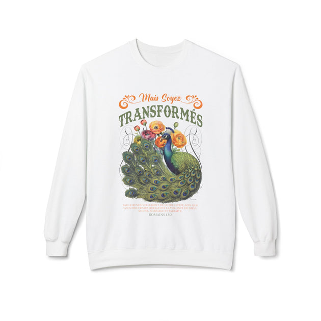 Sweat-shirt blanc pour femme avec un motif de paon et le texte Mais soyez transformés.
