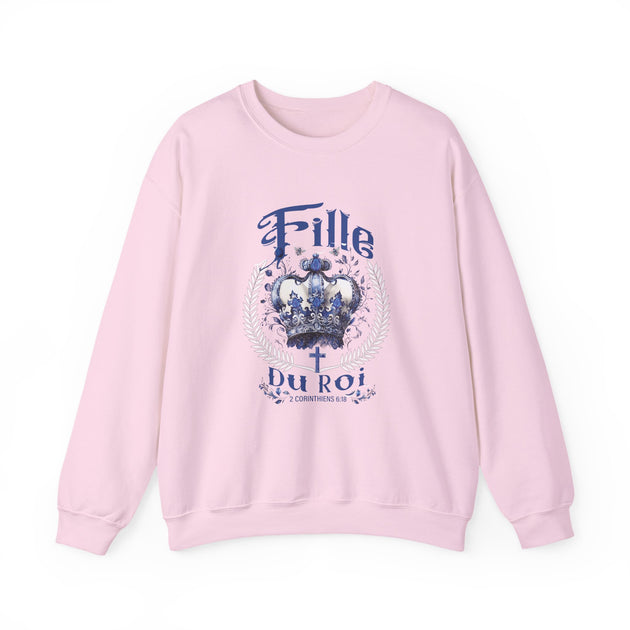 Sweat-shirt rose pâle pour femme avec une couronne bleue et le texte Fille du Roi imprimé.