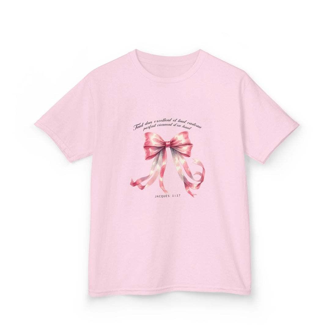 T-shirt rose pour enfant orné d'un ruban aquarelle et du verset biblique Jacques 1:17.