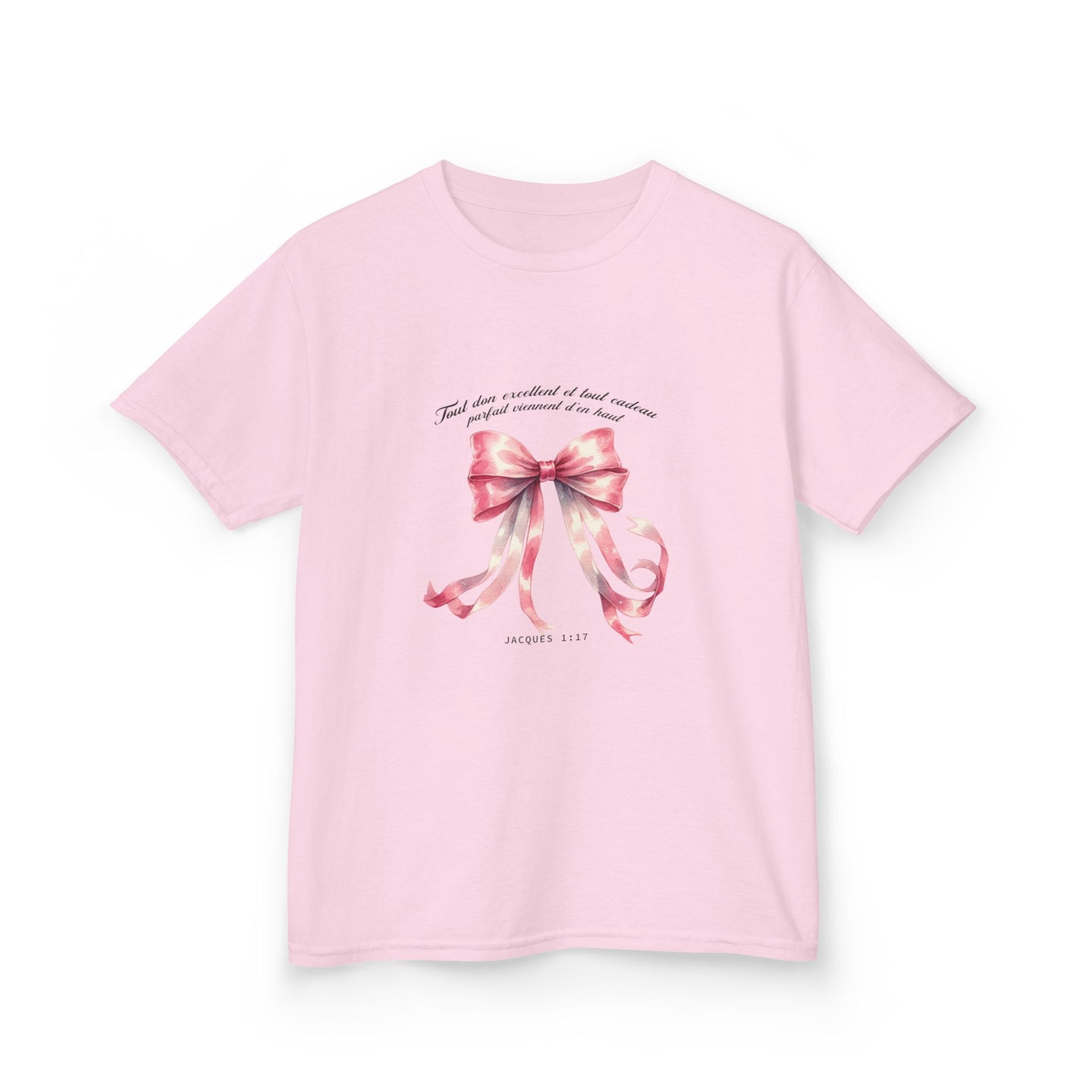 T-shirt rose pour enfant orné d'un ruban aquarelle et du verset biblique Jacques 1:17.