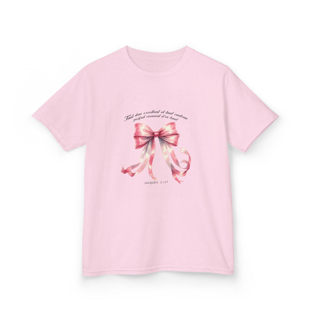 T-shirt rose pour enfant orné d'un ruban aquarelle et du verset biblique Jacques 1:17.