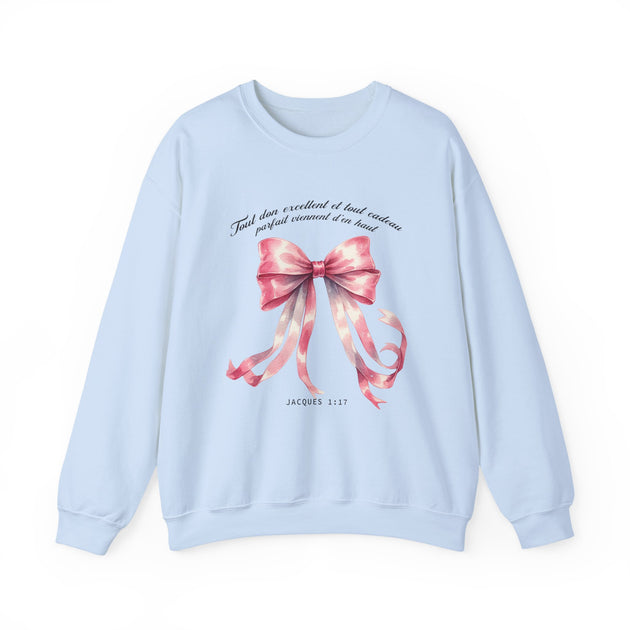 Sweat-shirt bleu clair pour femme avec un ruban rose aquarelle et le verset Jacques 1:17.