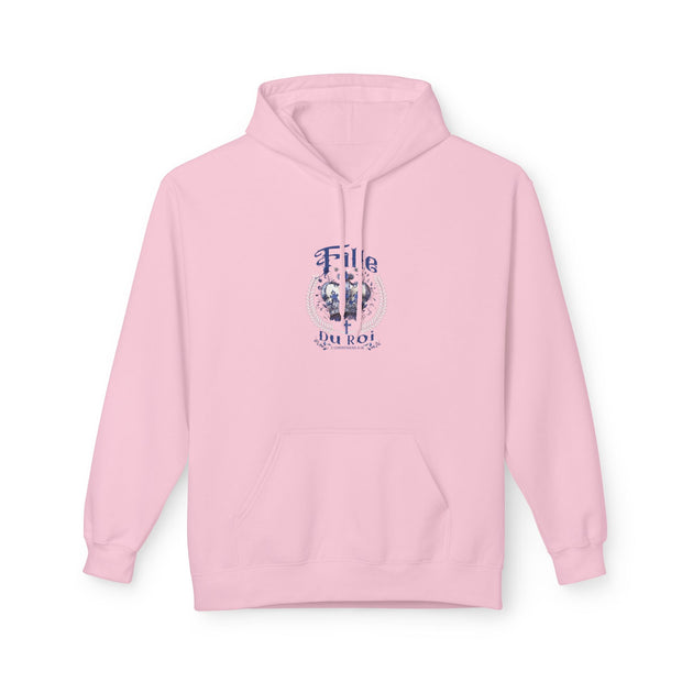 Sweat à capuche rose pour femme avec un motif central représentant une couronne et une croix.