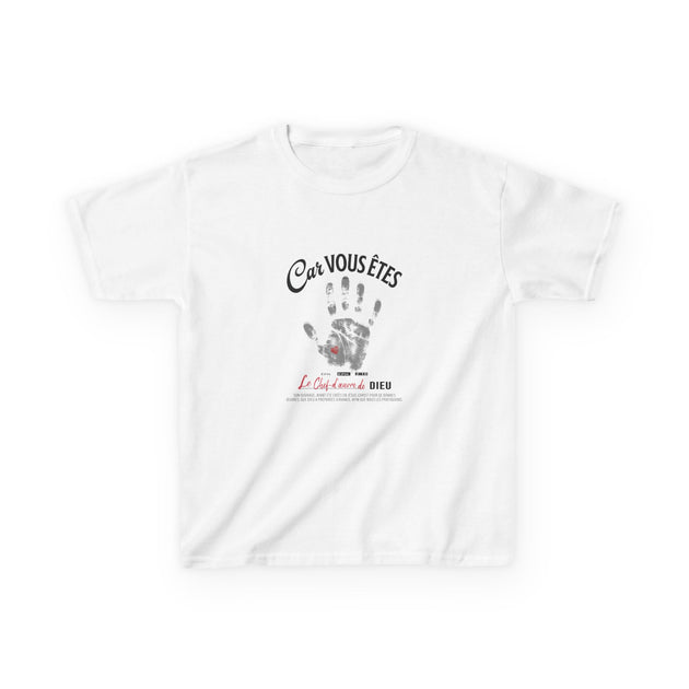 T-shirt blanc pour enfant avec une empreinte de main et le texte Car vous êtes le chef-d'œuvre de Dieu.